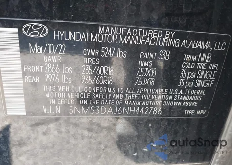 2022 Hyundai Santa Fe Sel из США, поврежденный, VIN 5NMS3DAJ6NH442786